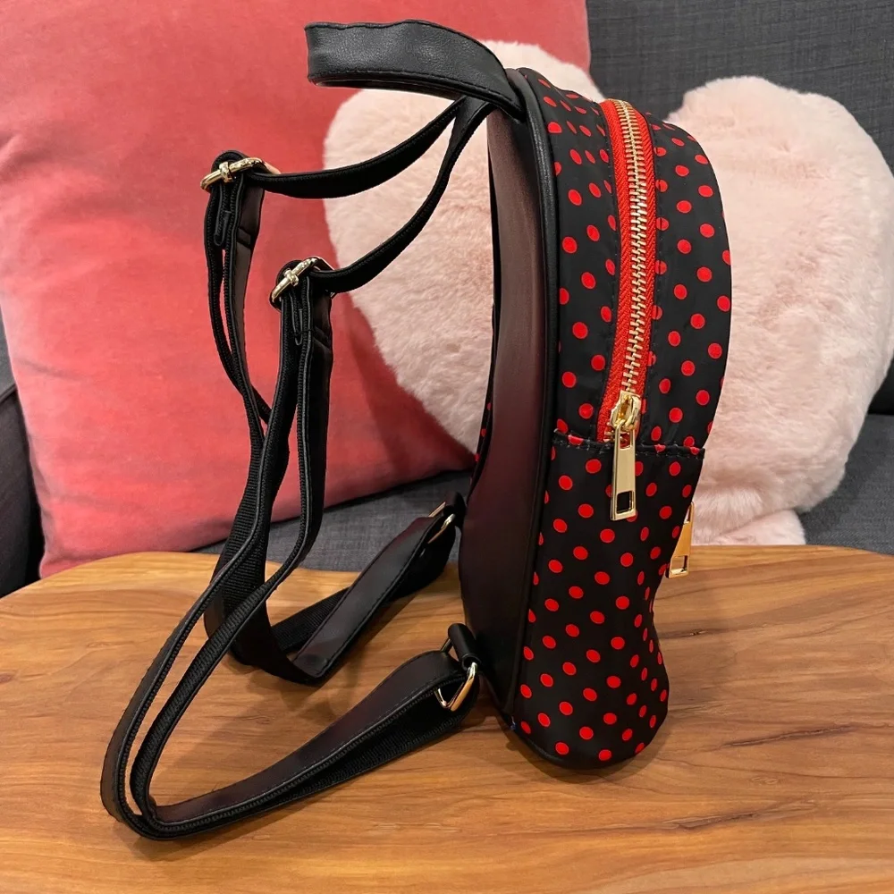 HELLO KITTY Sanrio Mini Backpack with Zipped Front Pocket Black Red Polka Dots - Picture 4 of 15